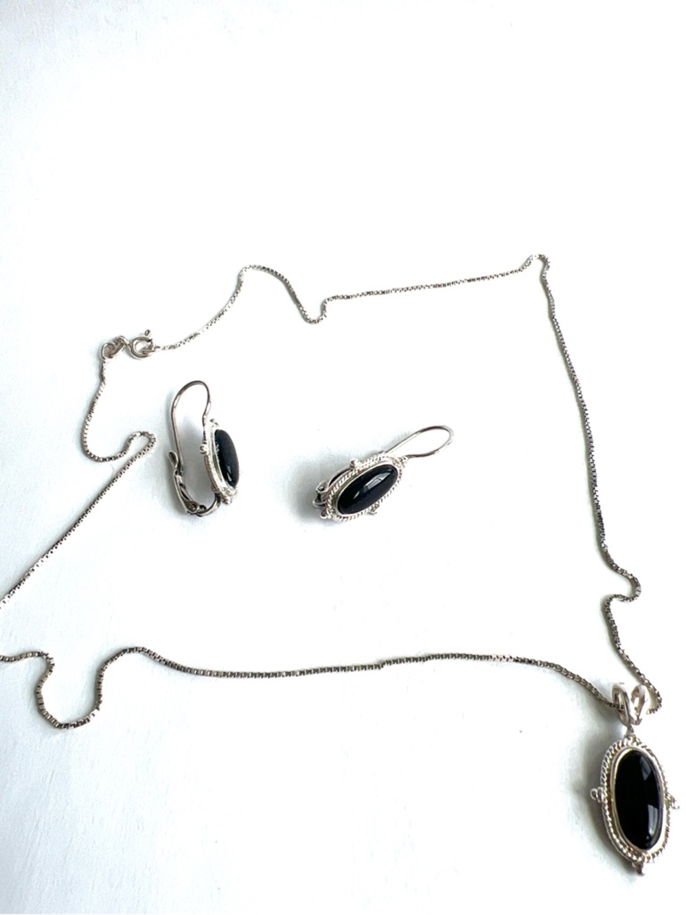 🇮🇹Vintage Italian 925 Sterling Silver Black Onyx Necklace & Earrings Set In Box